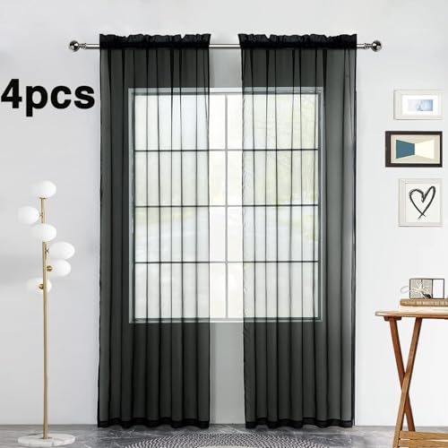 Black Sheer Curtains 4 Panels Rod Pocket Semi (Black / 52"W x 84"L (Pack of 4))