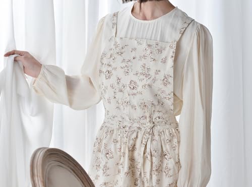 Japanese Cotton Linen Cross Back Work Apron for Women with Pockets Pinafore Dress Smock (03-beige)