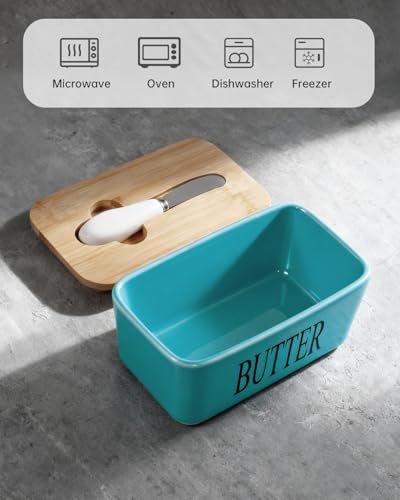 Butter Dish Ceramic with Lid and Knife for Countertop (Lake blue)