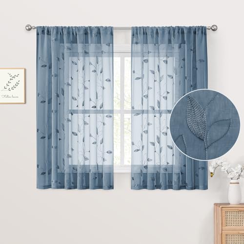 Stone Blue Kitchen Curtains Leaf Embroidered (52"W x 54"L (Pack of 2) / Stone Blue)