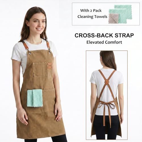 Chef Apron Cotton Canvas Cross Back Apron with Pockets for Women and Men (Cappuccino Brown)