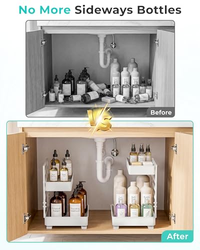 Height Adjustable 2 Tier Metal Pull Out Slide Shelf Organizer for Framed or Frameless Under Sink Cabinets in Kitchen (2 Sets / White)