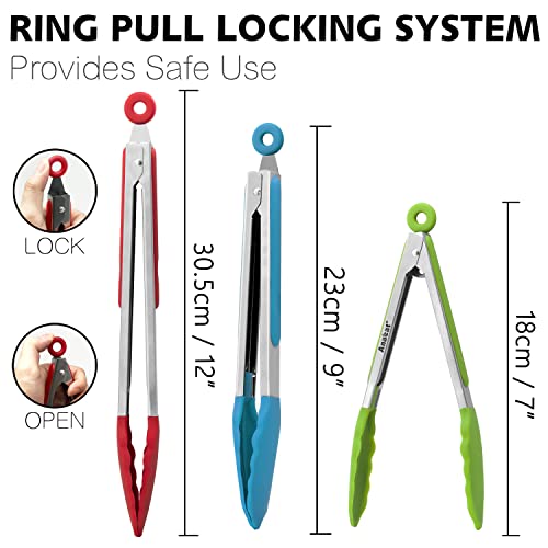 Non Stick Silicone Locking Tong Set of 3 (7+9+12 Inch / 3 Pcs Silicone - Blue, Red, Green)