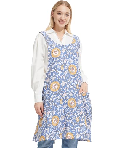 Cozy Adjustable Cross Back Aprons for Women with Pockets Cotton Linen Cooking Kitchen Baking Blue Background Yellow Flowers (Blue Background Yellow Flowers)