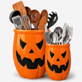 Set of 2 Halloween Ceramic Pumpkin Utensil Crocks (Yellow / Two pack)