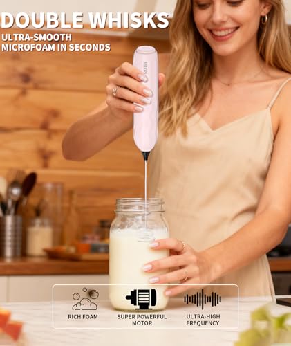2 Pack Milk Frother Handheld with Stand (White / Pink)