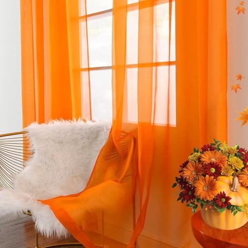 Solid Sheer Rod Pocket Curtain Voile Draperies 2 Panels Orange Beige Black Grey Coffee 70 Inch Width 72 Inch Long 1 Pair for Kitchen Bedroom Children Living Room Yard (Orange / 70"W x 72"L (Pack of 2))