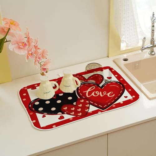Valentines Dish Drying Mat 18x24 Inch Black Red Hearts Dish Drainer Protector Pad for Kitchen Counter Absorbent Holiday Love Drying Pad for Drainer Rack Kitchen Fast Dry (Love / 18" x 18")