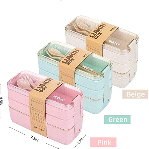 3 Pack Stackable Bento Box Adult Japanese Lunch Box Kit with Spoon & Fork (Green/Pink/Beige / 3 pack)