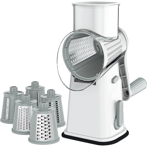 Rotary Cheese Grater Cheese Shredder with 5 Interchangeable Blades (Cream White)