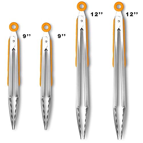 304 Stainless Steel Locking Kitchen Tongs (9" & 9" & 12" & 12" / Orange)