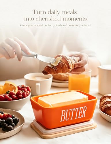 Ceramic Butter Dish with Lid and Knife Silicone Seal for Countertop Orange (Orange)