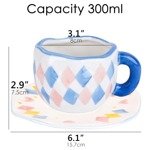 Cute Ceramic Coffee Mug with Saucer (Blue, Pink, Yellow)