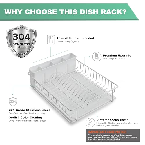304 Stainless Steel Compact Dish Drying Rack (White)
