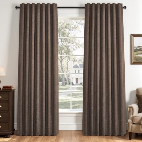 Dark Brown 90 Inch Blackout Linen Curtains for Bedroom Living Room 2 Panels Memory Trained 100% Black Out Soundproof Room Darkening Back Tab Window Curtains Pleated Drapes (Dark Brown / 52"W x 90"L (Pack of 2))