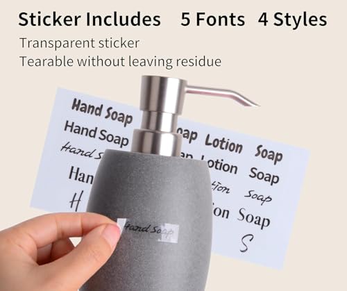 Sandstone Textured Resin Soap Dispenser with Metallic Pump and Waterproof Bottle Labels for Bathroom Kitchen Dish Hand Wash Shower Lotion Shampoo (Dark Gray_2 Pcs)