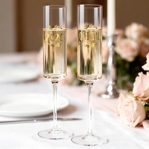 Engagement Champagne Flutes Set of 2 with Wooden Keepsake Box (Engagement（Brown） / Set of 2（Wooden box）)
