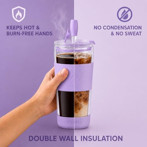 19 oz Clear Double Wall Borosilicate Glass Coffee Tumbler (Lavender)