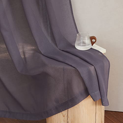 Flax Linen Sheer Curtains for Living Room (52"W x 84"L (Pack of 2) / Purple Brown)