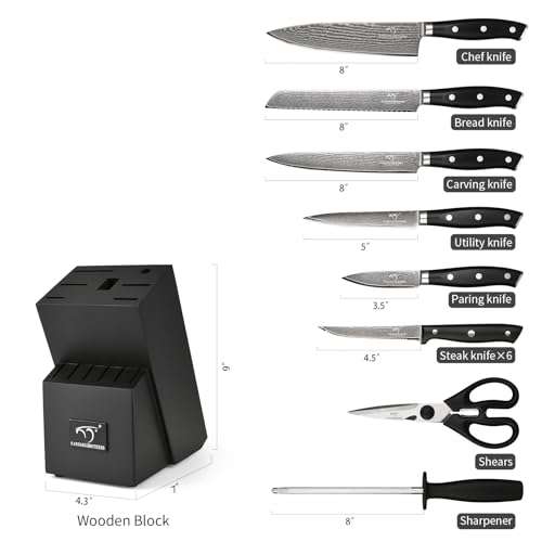 Damascus Kitchen Knife Set 14 Pieces with Shears & Sharpener (Black / 14 Pieces)