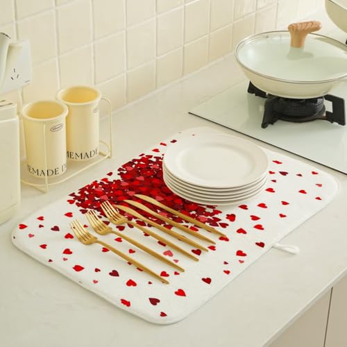 Valentines Day Dish Drying Mat 18 x 24 inch Red Hearts Decorative Drying Mats Microfiber Absorbent Love Heart Dish Washable Draining Mat for Kitchen Counter Decor (18x24 Inch / Red Hearts)