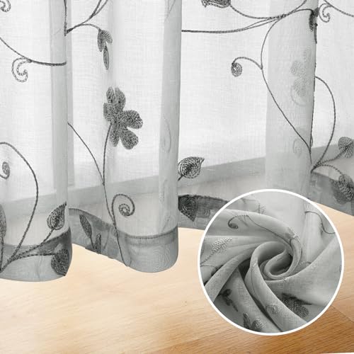 Grey Sheer Curtains 84 Inches Long 2 Panels Embroidered Floral Pattern Semi Sheer Window Curtains for Bedroom Living Room (52"W x 84"L (Pack of 2) / Grey)