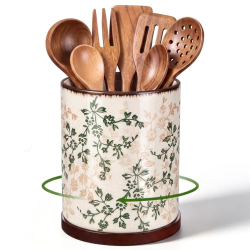 Rustic Rotating Ceramic Utensil Holder Brown Green Floral 6.9" (Brown Green Floral / 6.9" / Rustic Rotating)
