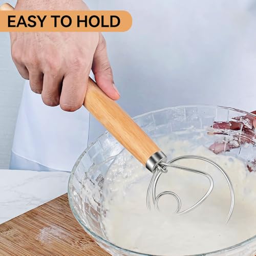 Danish Dough Whisk Wooden Handle Stainless Steel for Sourdough Bread (White Ash Wood 1-eye / 1 Pack)