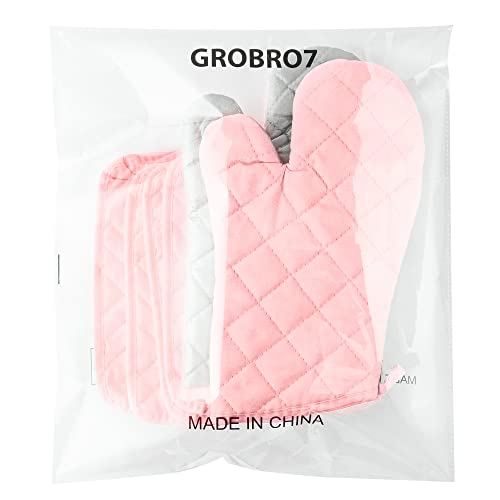 6Pcs Cotton Oven Mitts and Pot Holders Set Heat Resistant Hot Pads Durable Pocket Pot Holder Machine Washable BBQ Gloves with Hanging Loop for Safe Kitchen Baking Cooking Grilling Pink (Pink)