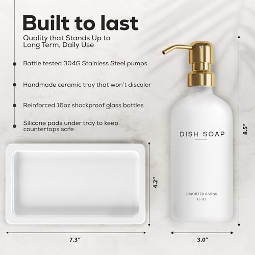 Luxury Glass Hand and Dish Soap Dispenser Set by Brighter Barns (Gold Hd)
