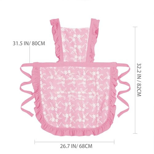 Vintage Pinafore Apron Dress for Women with Pockets Cute Floral Chef Aprons for Kitchen Cooking Baking Gardening (Pink)