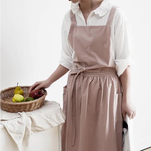 Apron Cute Dress for Women Frill Cross Back Cotton Linen Japanese Apron With Pockets Maid Pinafore Apron Housewife Garden Cooking Baking Pottery Pinafore Apron Dusty Pink Adult One Size (Dusty Pink Adult / One Size)