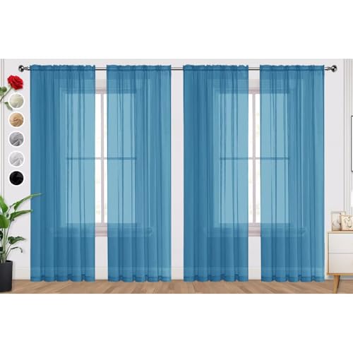 Blue Sheer Curtains 4 Panels Rod Pocket Semi (Blue / 52"W x 63"L (Pack of 4))