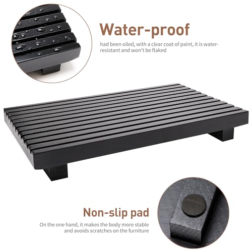 Black Bathroom Counter Tray Organizer Wood Riser Stand Kitchen Soap Holder (12x6.7 inch / Black)