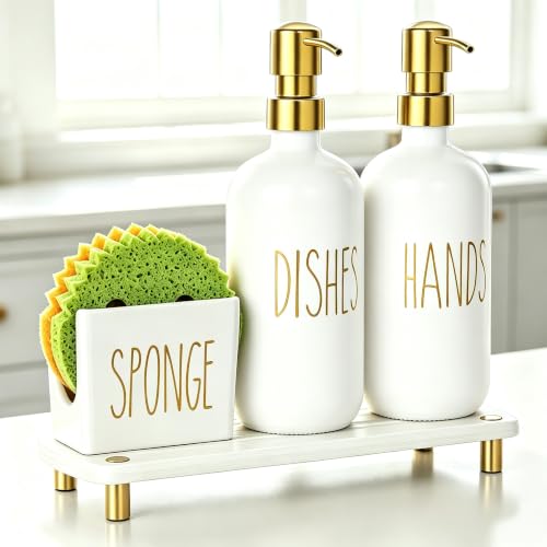 Kitchen Soap Dispenser Set Comes with Ceramics Sponge Holder (Gold + White + Sponge Holder)