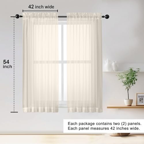 Sheer Curtains 54 inches Long 2 Panles for Living Room Bedroom Small Windowm (Cream / 42"W x 54"L (Pack of 2))