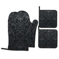 Victorian Gothic Black Skull Damask Oven Mitts and Pot Holders Sets of 4 (One Size / Black Skull)