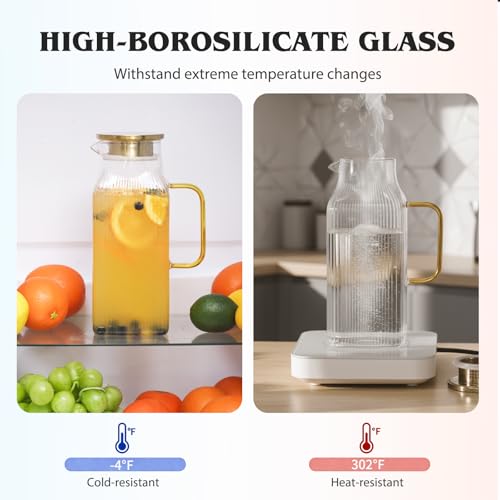 2 Pack 68oz 2 Liter Square Glass Pitchers with Handle and Lid (Square Stripes-1)