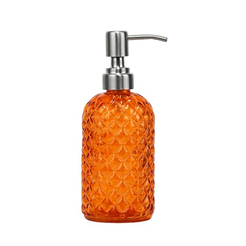 16oz Diamond Pattern Glass Soap Dispenser with Rust Resistant Pump (Orange-1pack)
