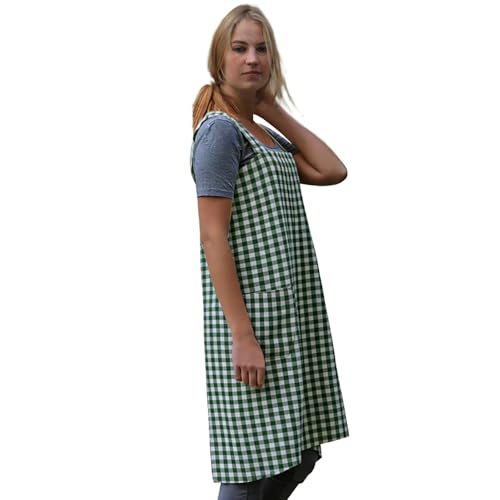 Women's Pinafore Square Apron Baking Cooking Gardening Works Cross Back Cotton (Small / Plaid-green)