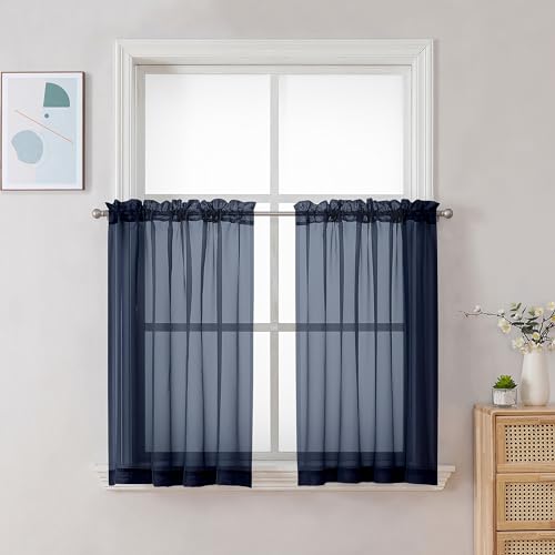 Navy Blue Sheer Curtains 30 inch Length 2 Panels (Navy Blue / 42"W x 30"L (Pack of 2))