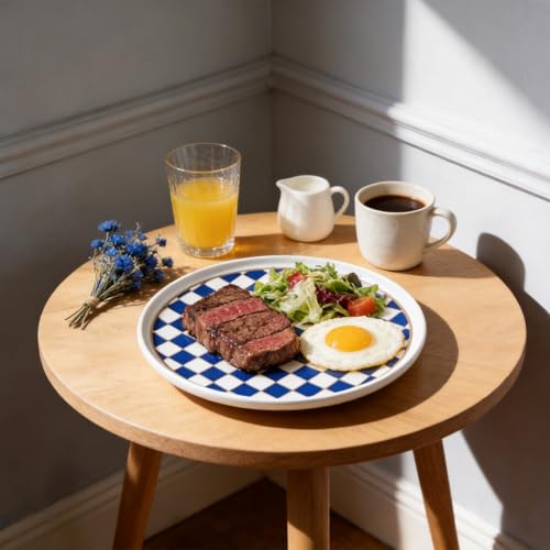 Ceramic Checkered Serving Plate with Gold Accent (Blue)