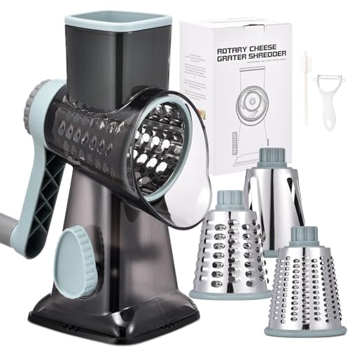 Rotary Cheese Grater with Handle Kitchen Shredder Slicer Grater Slicer Ice Shaver Cheese Vegetable Nuts Potato Zucchini Chocolate 3 Interchangeable Blades (9.06"L x 4.33"W x 9.07"H / GreyBlue)