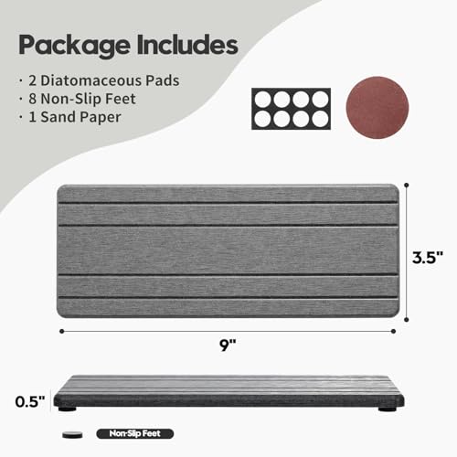 2PCS Diatomite Quick Stone Drying Tray Mat For Bathroom & Kitchen Counter (2pack-9"x 3.5" - Dark Gray)