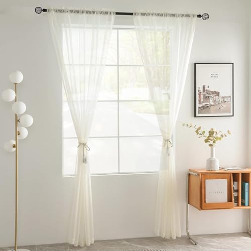 Solid Sheer Rod Pocket Curtain Voile Draperies 2 Panels Ivory Beige Black Grey Coffee 42 Inch Width 54 Inch Long 1 Pair for Kitchen Bedroom Children Living Room Yard (Ivory / 42"W x 54"L (Pack of 2))