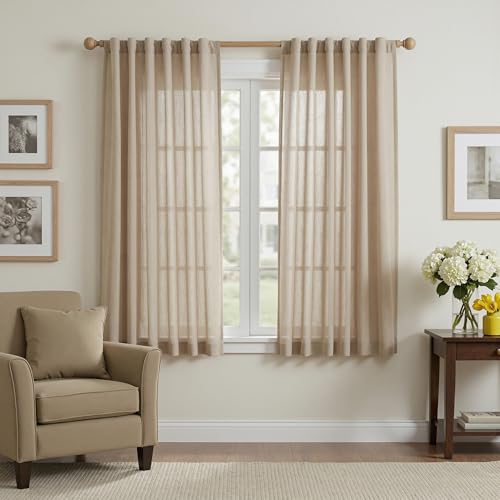 Taupe Sheer Curtains 63 inch Length Semi Sheer Curtains for Bedroom Light Filtering Short Window Treatment Privacy Protect Boho Farmhouse Soft Drapes Set (50"W x 63"L (Pack of 2) / Taupe-new)