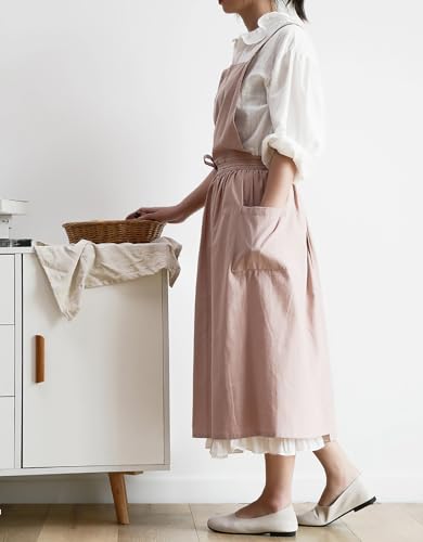 Japanese Cotton Linen Cross Back Work Apron for Women with Pockets Pinafore Dress Smock (01-pink)