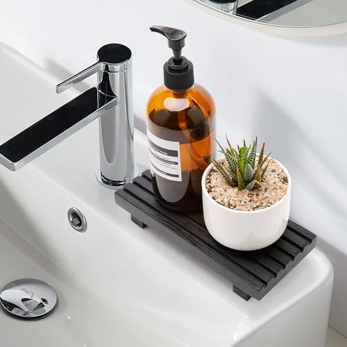 Black Bathroom Tray for Sink Decor Kitchen Counter Wood Pedestal Soap Dish (8.7x4 inch / Black)
