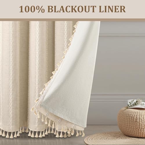 Boho 100% Blackout Curtains 72 Inch 2 Panels Linen Blend Beige (Beige / 52"W x 72"L (Pack of 2))
