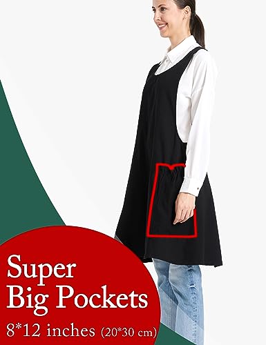 Cozy Adjustable Cross Back Aprons for Women with Pockets Cotton Linen Cooking Kitchen Baking Black (Black)